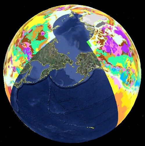 The same OneGeology WORLD CGMW 1:25M Geologic Units map layer in Google Earth showing the display problem at the poles and the antimeridian