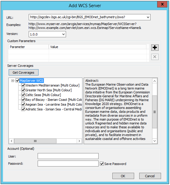 Adding a WCS service to the list of available services in ArcCatalog