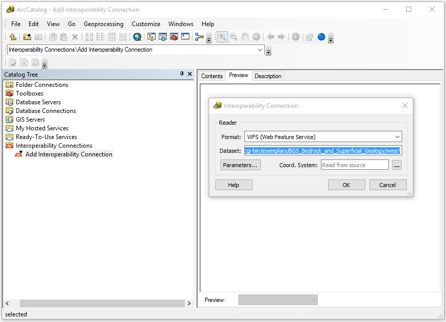 Connecting to a WFS service in ArcCatalog