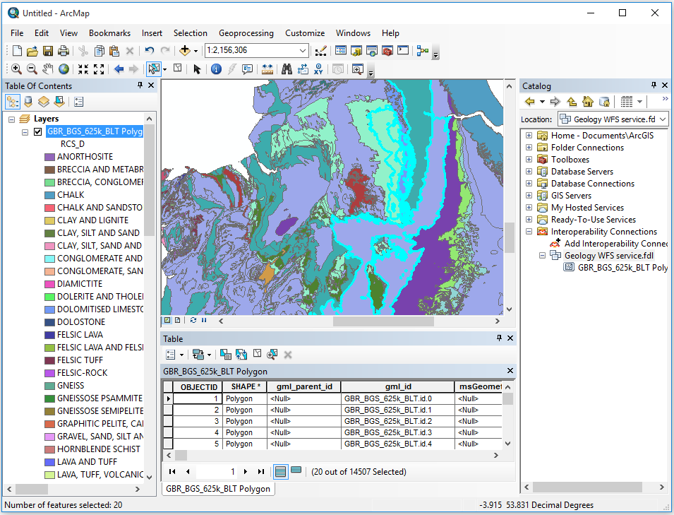 WFS layer displayed in ArcMap showing attributres and custom symbology
