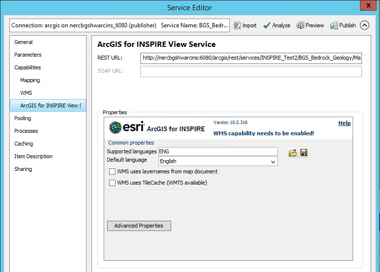 ArcGIS for INSPIRE View Service properties in Service Editor dialog