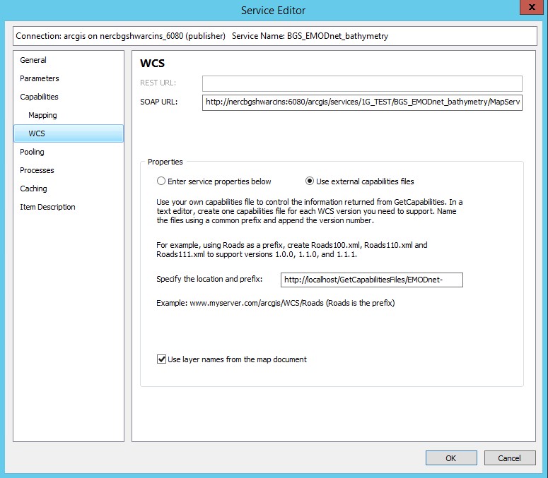 WCS service properties: external capabilities